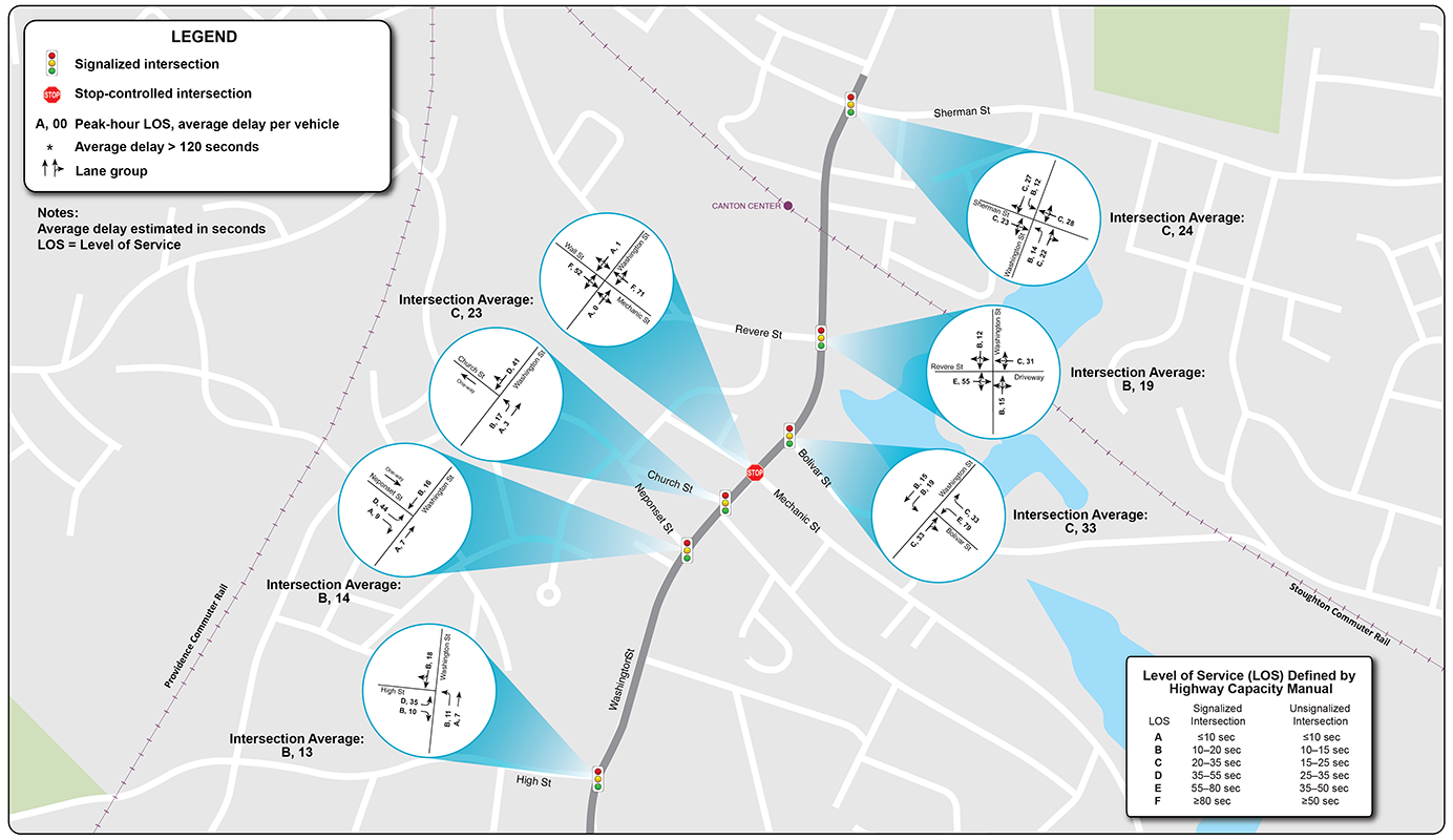 Figure 24: 2030 Saturday ICA, Part 1
A map of the northern half of the Washington Street corridor (between Sherman Street and High Street) is shown on this figure. Seven intersections are highlighted, and the future 2030 Saturday levels of service for each of those intersections are displayed on the map.
